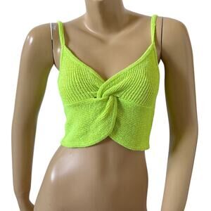 O&O Womens Small Neon Lime Green Twist Front Crop Tank Top Ribbed Sleeveless